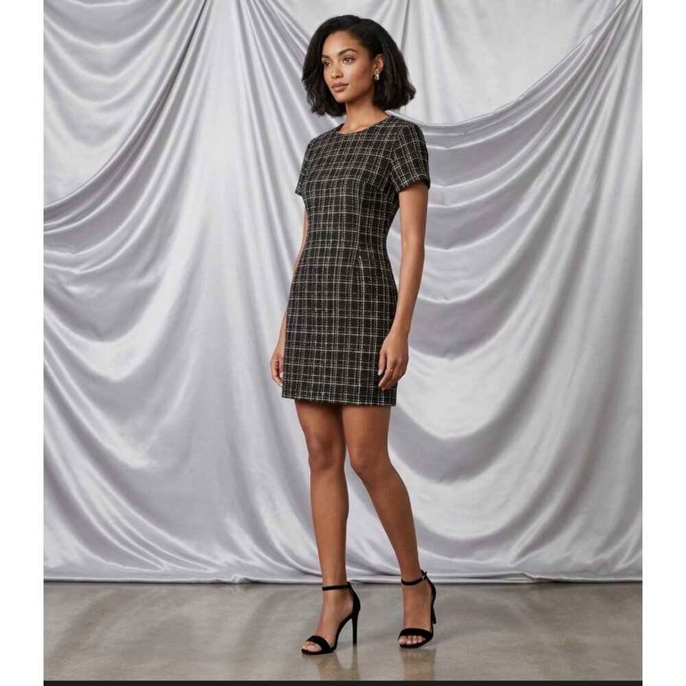 On 34th Tweed Short-Sleeve Dress Size 2 Black & Gold Womens Classic Fit